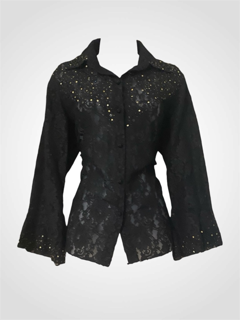 Vintage - Black Lace Button-Front Jacket with Gold Stud Accents